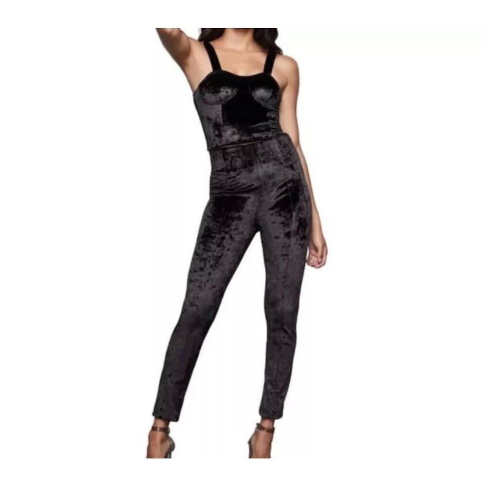 Good American High Rise Pants Crushed Velvet Flat Front Straight Leg Black Sz XS
